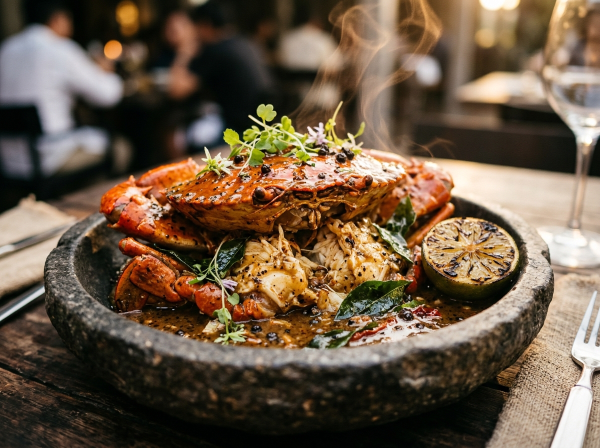 Sajian Kepiting Bakau Lada Hitam Tellicherry di Mangkuk Batu